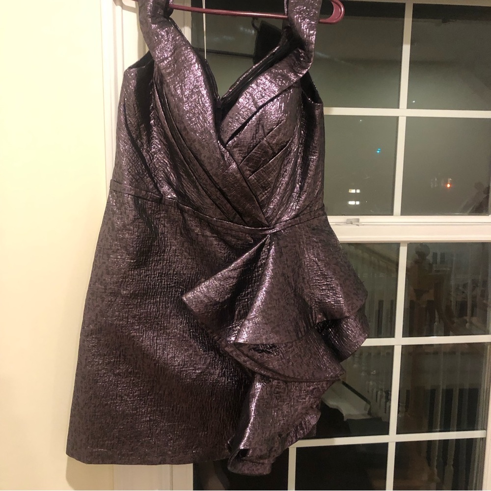 Mac Duggal Off Shoulder Metallic Amethyst Side Ruffle Cocktail Dress Size 14 - Picture 16 of 16